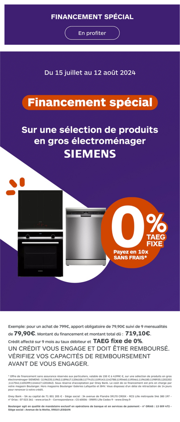 Financement 10 fois sans frais sur une sélection de produits gros électroménager Siemens