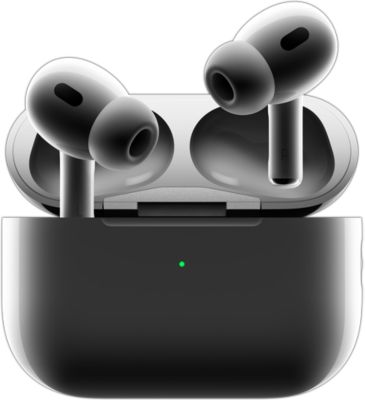 Des AirPods Pro 2 sortant de leur boîtier de charge, voyant vert sur l’avant du boîtier de charge