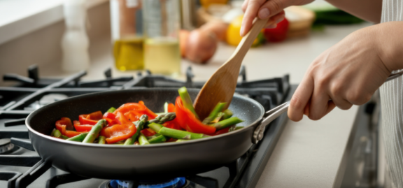 A close-up of hands skillfully stirring vibrant red peppers and green asparagus in a frying pan over a gas stove. This image captures the essence of healthy cooking and culinary creativity, perfect for food blogs and cooking tutorials