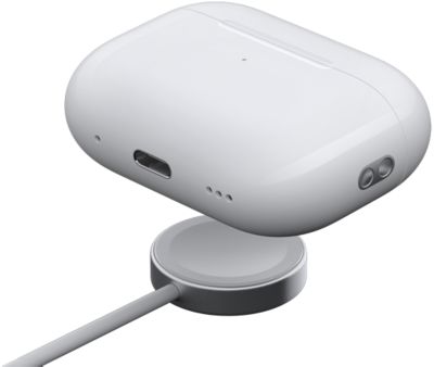 Boîtier de charge des AirPods Pro 2 au-dessus d’un chargeur Apple Watch