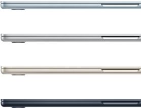 Quatre ordinateurs portables MacBook Air montrant les couleurs disponibles : bleu ciel, argent, lumière stellaire et minuit
