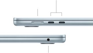 Vues latérales du MacBook Air montrant les ports : MagSafe et deux ports Thunderbolt 4 du côté gauche, prise casque du côté droit