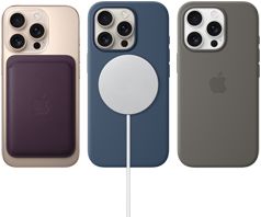 Trois iPhone 16 Pro, vue arrière, avec accessoires MagSafe fixés : Porte-cartes en tissage fin avec MagSafe pour iPhone, Chargeur MagSafe et Coque en silicone avec MagSafe pour iPhone