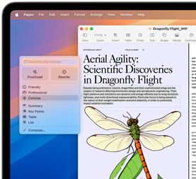 Révision d’un document scientifique sur le vol de la libellule pour le rendre plus concis à l’aide des outils d’écriture d’Apple Intelligence