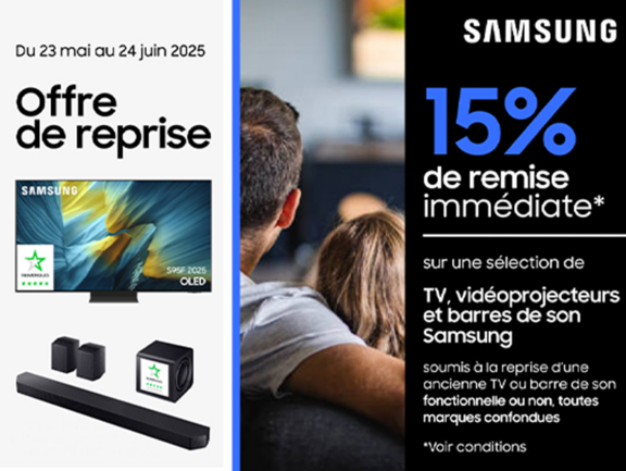 -15% sur une sélection de TV, vidéoprojecteurs, et barres de son Samsung 