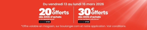 20€ offerts dès 200€ d’achats sur les appareils beauté avec le code promo VF20, et 30€ offerts dès 300€ d’achats sur les machines à café et le son avec le code promo VF30