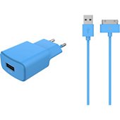 Chargeur secteur Essentielb USB 2,4A + cable 30 broches bleu