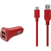 Chargeur allume-cigare Essentielb 2 USB 2.4A + Cable USB C Rouge