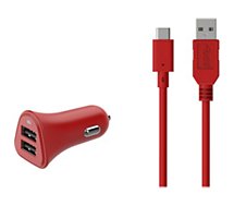 Chargeur allume-cigare Essentielb  2 USB 2.4A + Cable USB C Rouge