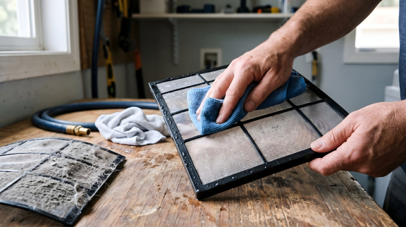 Person cleaning a dirty air conditioner filter with a cloth in a workshop.