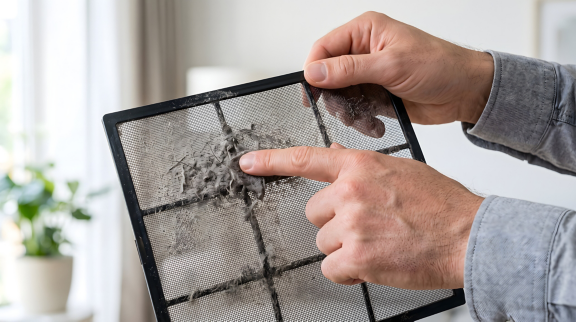 A man pointing at a dirty air conditioner filter covered in thick grey dust.