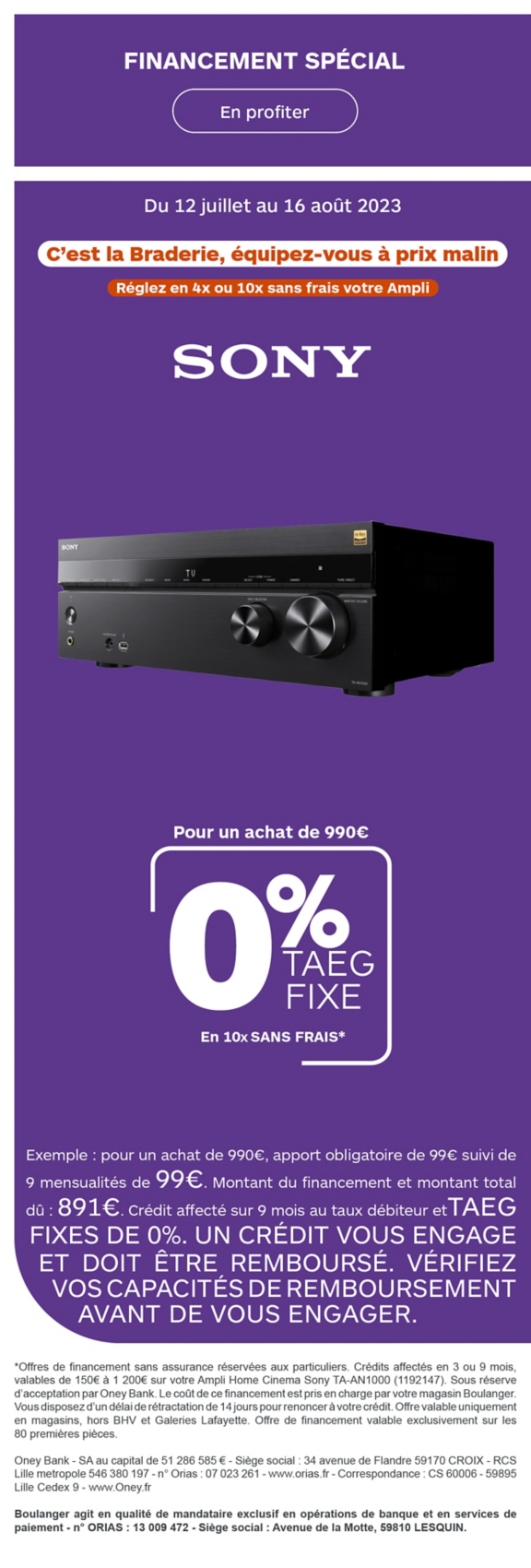 financement 10x sony ampli braderie