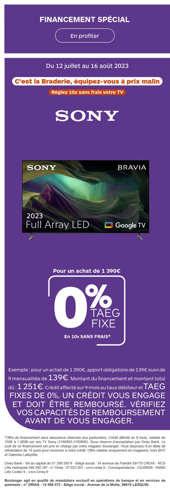 Sans frais sur une selection de tv  Sony