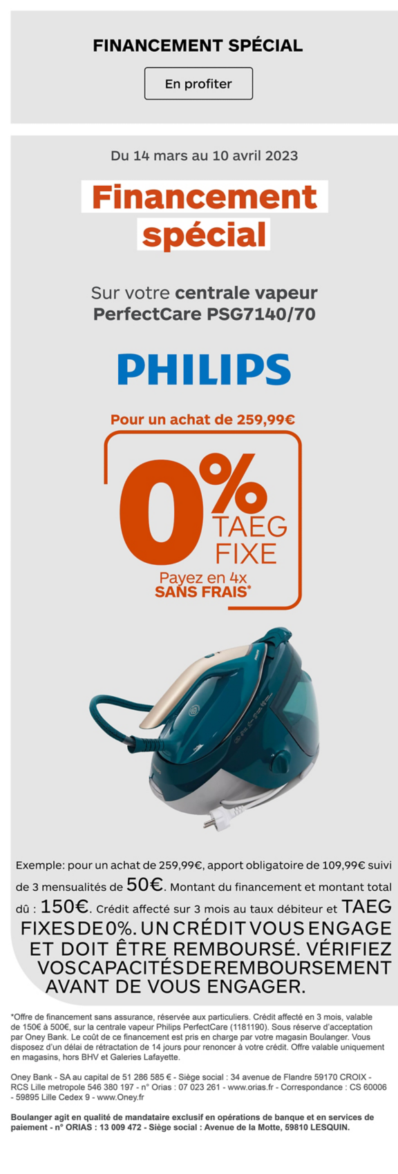 Financement centrale vapeur PerfectCare Philips