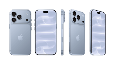 Apple iPhone 18 Pro, Pro Max sous différents angles, coloris bleu glacier.