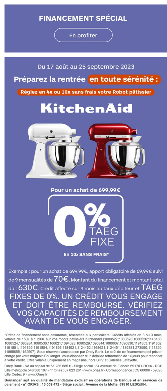 financement 4 ou 10 fois sans frais robot kitchenaid