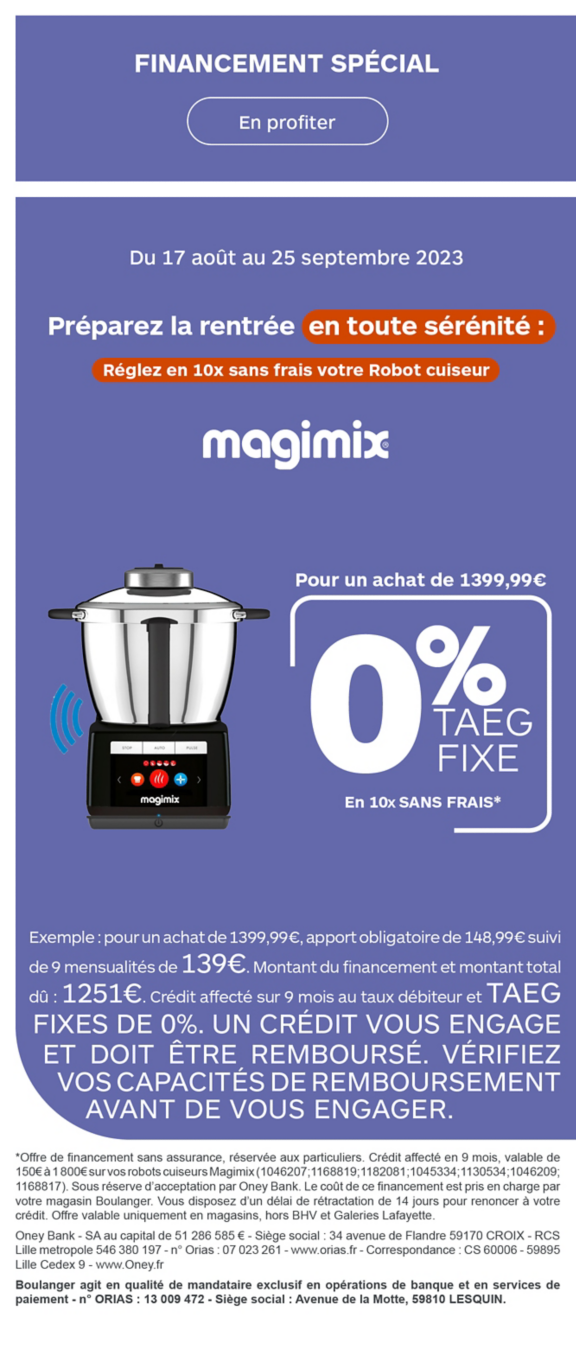 financement robot cuiseur magimix 10 fois sans frais