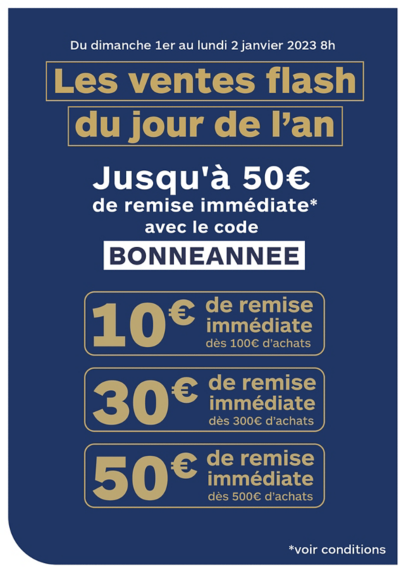 Les ventes flash du jour de l'an jusqu'à 50€ de remise immédiate avec le code BONNEANNEE.