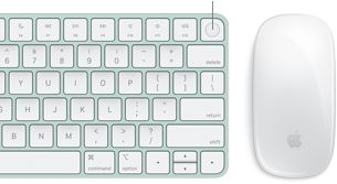 Vue de haut en gros plan d’un Magic Keyboard avec Touch ID à côté d’une Magic Mouse.