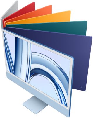 Vue de haut de 7 iMac en argent, bleu, mauve, rose, orange, jaune et vert.