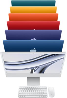 Vue de côté de plusieurs iMac alignés l’un derrière l’autre, face tournée vers la droite, en vert, jaune, orange, rose, mauve, bleu et argent.