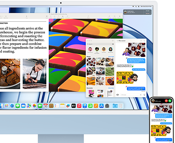 Un iMac à côté d’un iPhone illustrant la fonctionnalité Continuité par le partage d’un échange de messages et de photos entre l’iPhone et l’iMac.