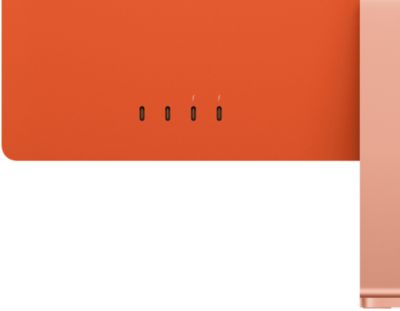 Gros plan de l’arrière d’un iMac montrant 2 ports Thunderbolt/USB 4 et 2 ports USB 3 dans le coin inférieur gauche.