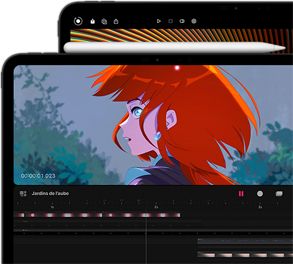 iPad Pro 11 pouces sur lequel est fixé un Apple Pencil Pro, devant un iPad Pro 13 pouces. Les deux modèles affichent des images colorées éclatantes sur l’écran Ultra Retina XDR