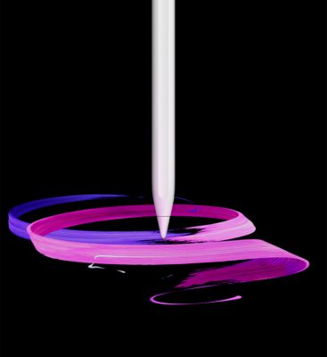 Apple Pencil Pro sur le point de toucher l’écran d’un iPad Pro affichant un graphisme coloré créé avec l’Apple Pencil Pro.