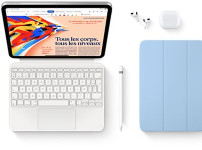 Images des produits suivants : iPad, Magic Keyboard Folio, Apple Pencil, AirPods et Smart Folio.