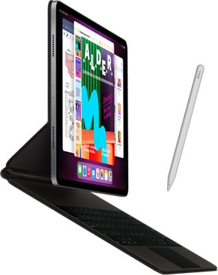 Vue latérale d’un iPad Pro auquel est fixé un Smart Keyboard Folio et d’un Apple Pencil