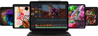 Vue avant d’un iPad Pro avec Smart Keyboard Folio et Apple Pencil fixé au sommet affichant l’app Resolve pour iPad ainsi que d’autres iPad disposés à l’arrière