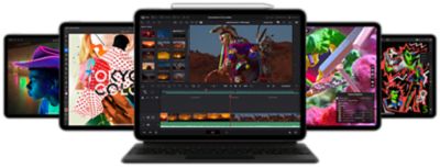 Vue avant d’un iPad Pro avec Smart Keyboard Folio et Apple Pencil fixé au sommet affichant l’app Resolve pour iPad ainsi que d’autres iPad disposés à l’arrière