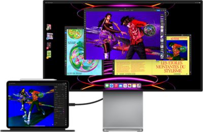 iPad Pro affichant l’app Adobe Lightroom connecté à un écran externe affichant le mode multitâche avec Stage Manager