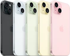 iPhone 15, vue du dos montrant le système photo avancé et le verre teinté dans la masse dans toutes les finitions : noir, bleu, vert, jaune, rose.