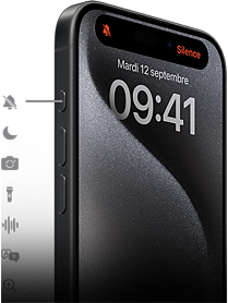 Un iPhone 15 Pro montrant neuf possibilités de configuration du bouton Action