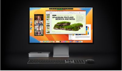 Mac mini avec Magic Mouse, Magic Keyboard et Studio Display affichant une présentation Microsoft PowerPoint partagée dans le cadre d’une réunion Zoom, avec l’app Notes en arrière-plan.