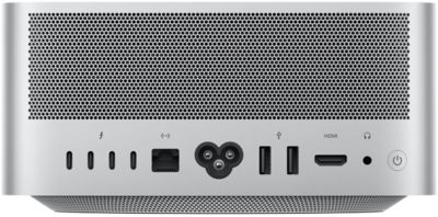 Vue arrière du Mac Studio avec quatre ports Thunderbolt 4, un port 10 Gigabit Ethernet, une prise pour le cordon d’alimentation, deux ports USB‑A, un port HDMI, une prise casque 3,5 mm et un bouton d’alimentation