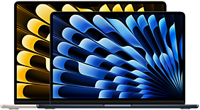 Vue de face des modèles de MacBook Air 13 et 15 pouces avec les tailles d’écran (mesurées en diagonale)