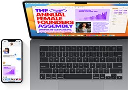 Montre une image copiée depuis l’app Messages d’un iPhone et collée dans un document Pages sur un MacBook Air.