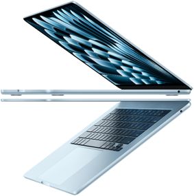 Deux MacBook Air en finition bleu ciel ouverts forment une flèche, soulignant la finesse du profil