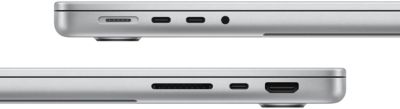 Vue latérale d’un MacBook Pro 14 pouces avec puce M3 Pro. Côté gauche : port MagSafe, deux ports Thunderbolt 4 et prise casque. Côté droit : lecteur de carte SDXC, un port Thunderbolt 4 et port HDMI