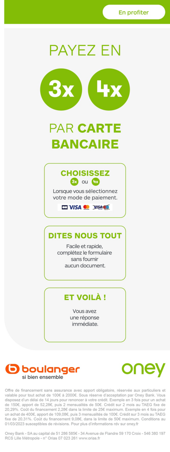 Financement en 3 ou 4 fois par carte bancaire