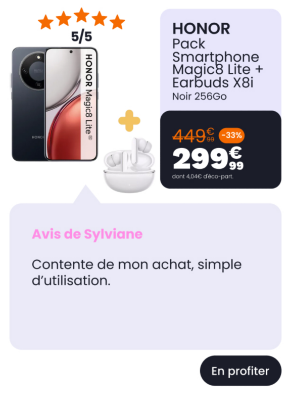 Smartphone HONOR Pack Magic8 Lite Noir 256Go+Earbuds X8i