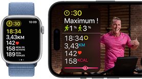 Données d’exercice affichées sur Apple Watch et entraînement Apple Fitness+ sur iPhone