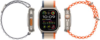 Apple Watch Ultra 2 montrant la compatibilité avec trois types de bracelets différents, le grand écran, le boîtier en titane robuste, le bouton action orange et la digital crown